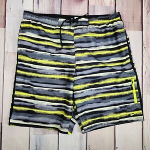 Nike Mens Large Black Yellow Neon Stripe Drawstring Swim Trunks Lined Shorts‎